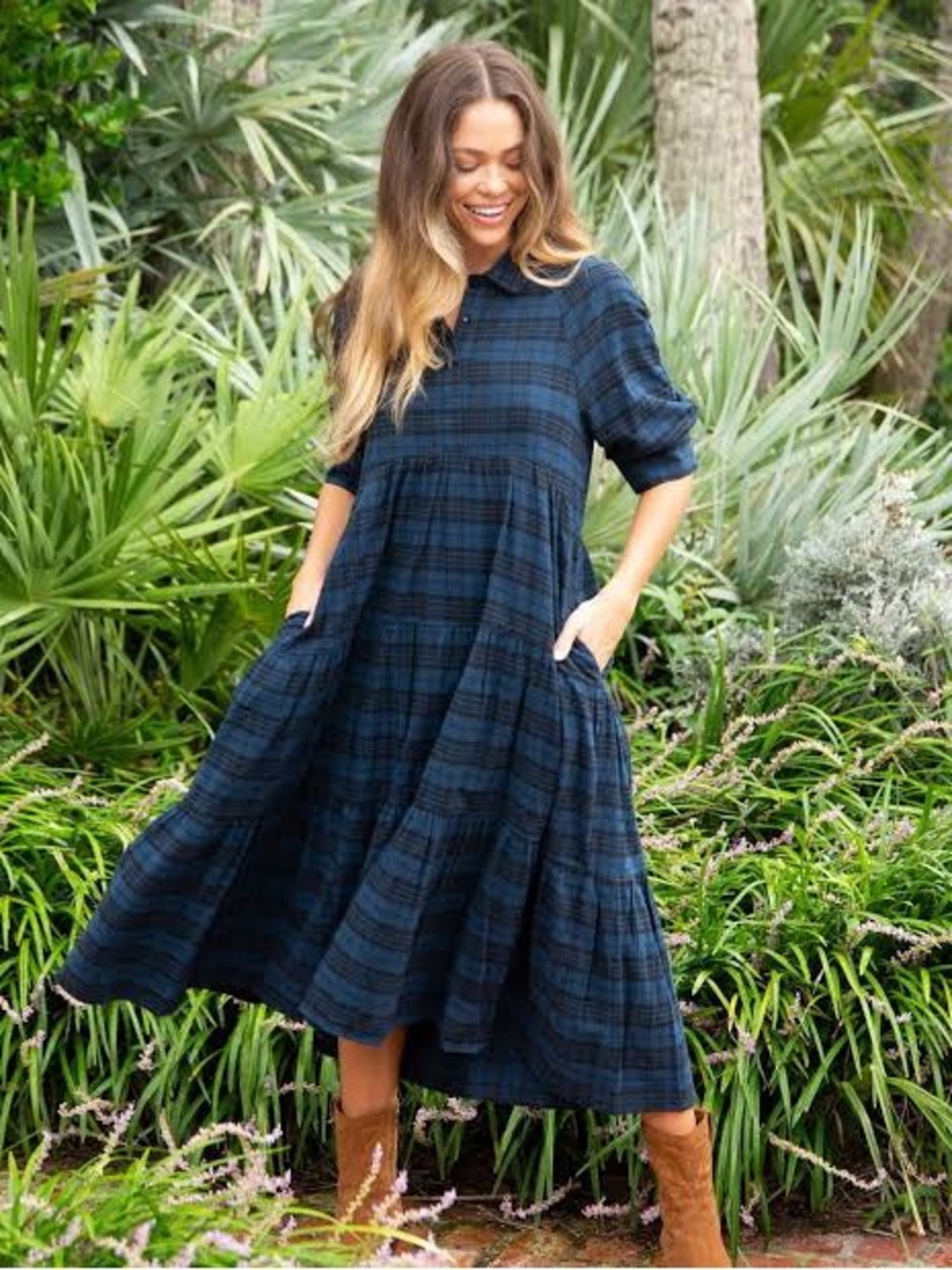 Natural Life Rebecca Tiered Midi Dress - Blue Black Flannel Plaid